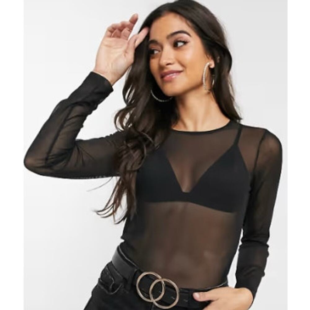 Black Mesh Long-Sleeve Crop Top